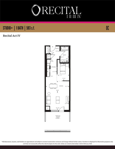 Floor plan for studio, 1 bath, 593 sqft